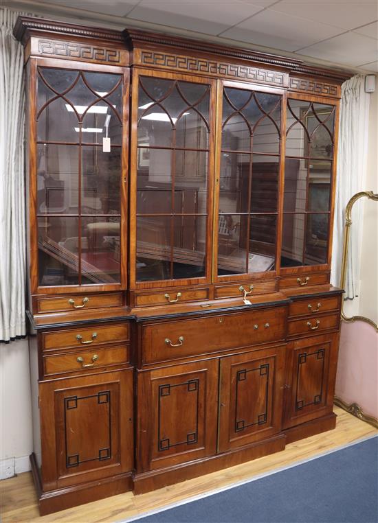 A George IV style mahogany secretaire breakfront library bookcase W.196cm